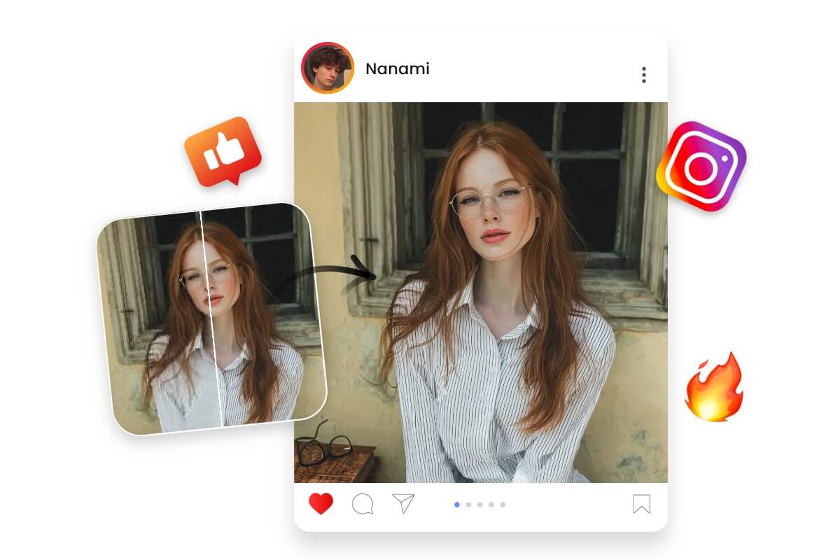 Before and after comparison of a blurry portrait with clearer facial features and improved detail