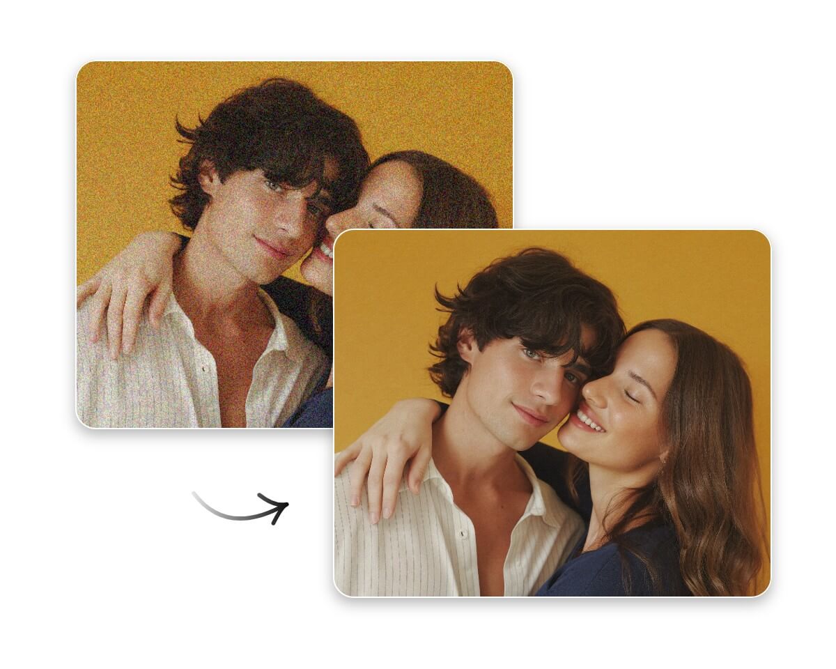 Fotor AIノイズリムーバーを使用してノイズと粒状感を除去したカップルの写真の「前」と「後」の比較