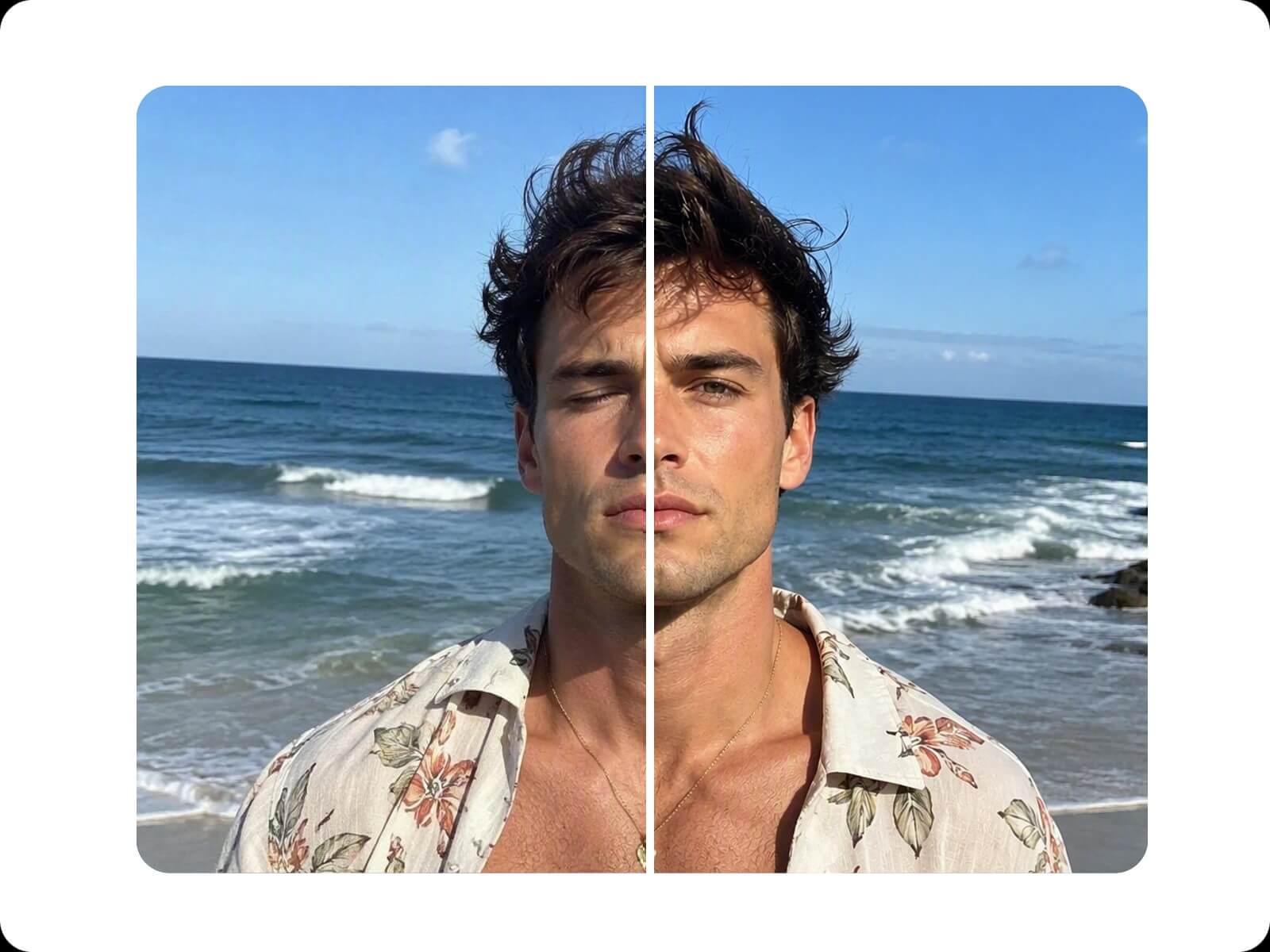 Before and after comparison of ai fix closed eyes in a man beach photo