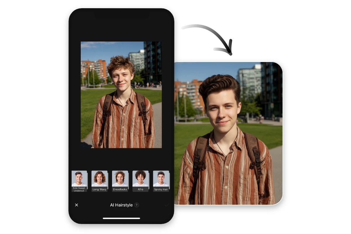 Before and after effect featuring Fotor AI hair cuttng style for male app