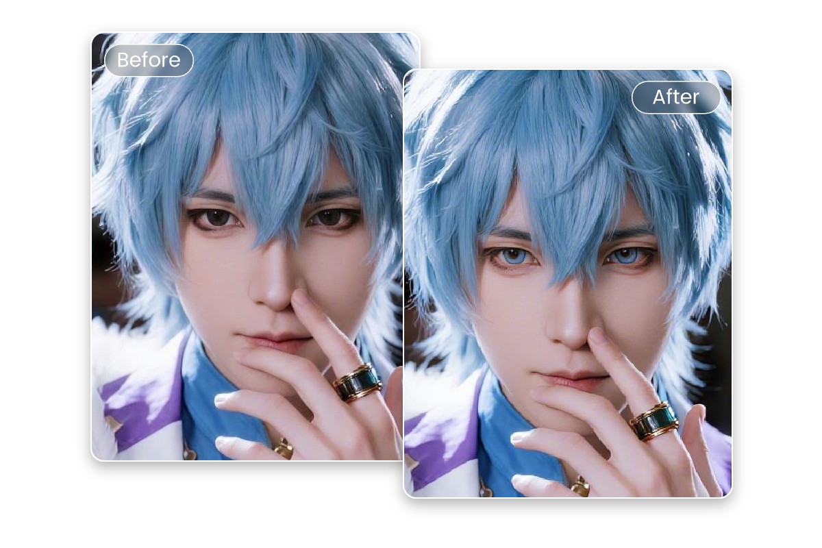 Before and after effect of changing eye color in a cosplay photo