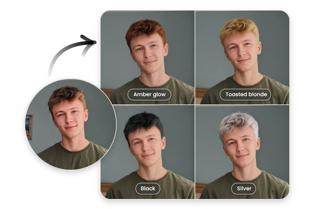 Before and after effects of Fotor AI male hair color changer featuring changing hair color to amber blonde black and silver