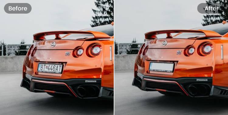 Before and after removing car plate number using Fotor object remover