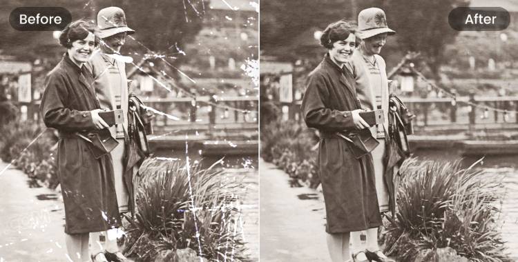 古い写真からガリ傷を消す前後の対比の写真