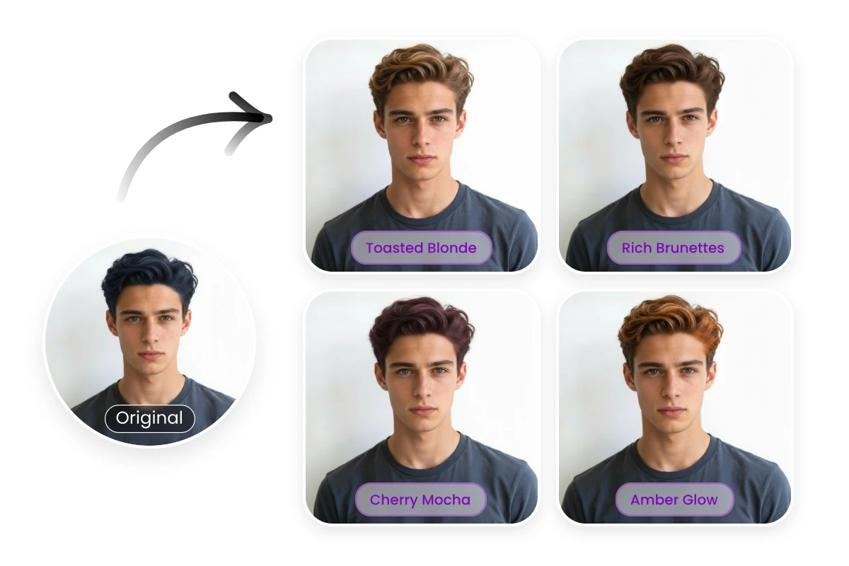 Before and after trying versatile trending colors in Fotor AI hair color changer