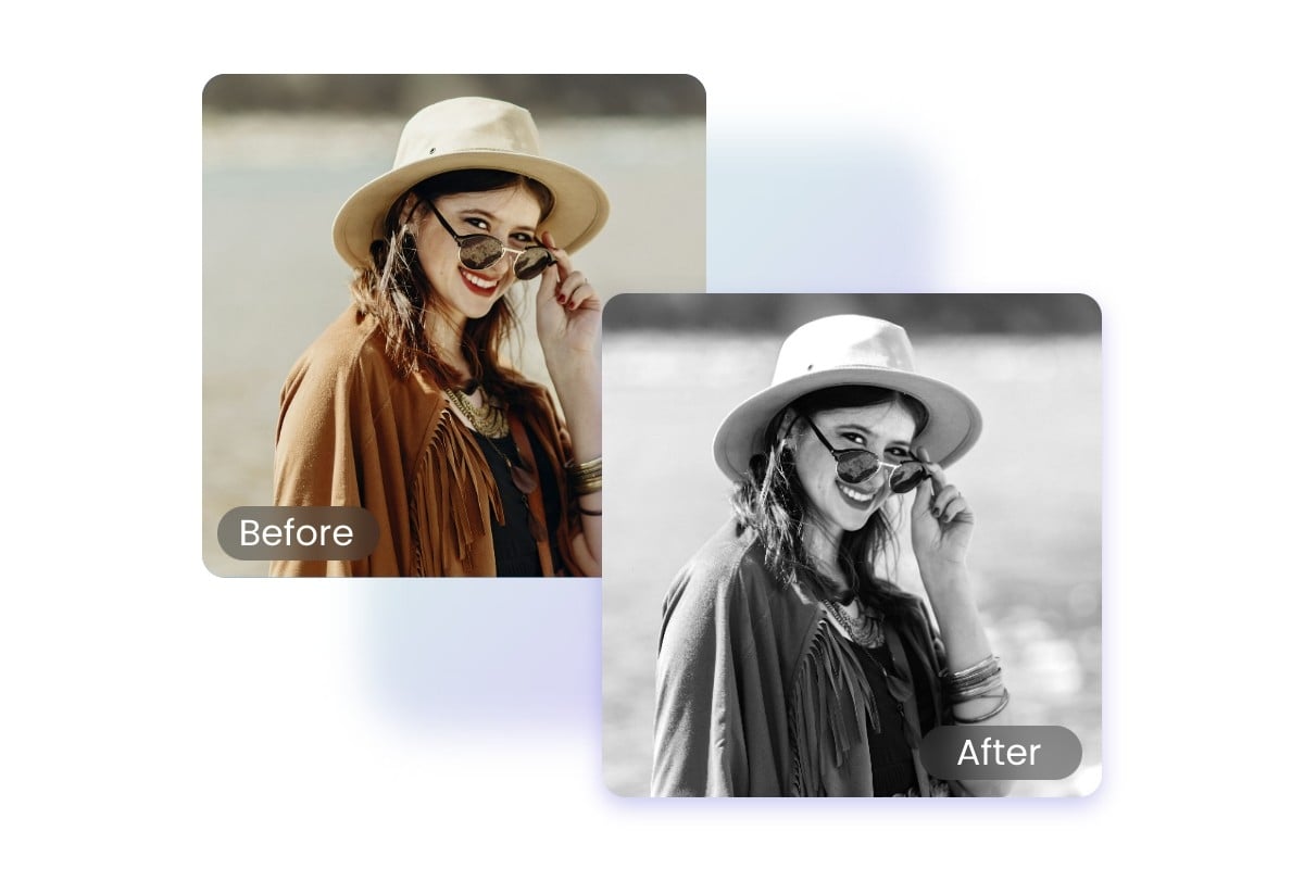 Black and white filter before and after comparison for a young lady