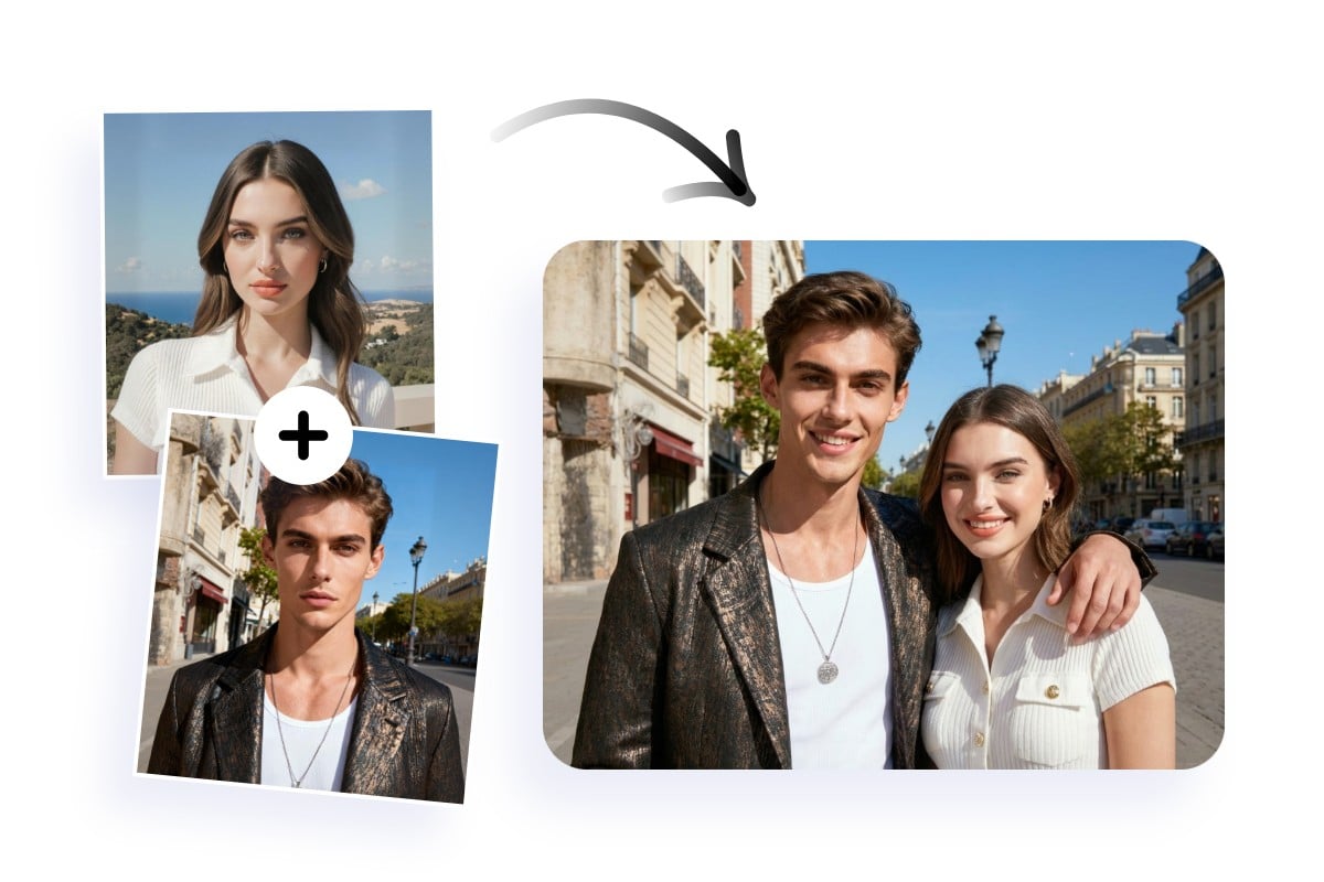 Blend a boy photo into an ai girlfriend image and create an ai couple photo