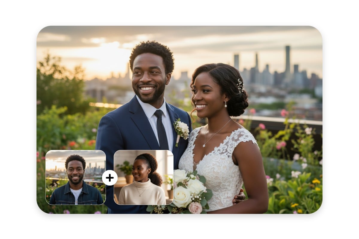Blend photos of a black man and women into one complete wedding photo