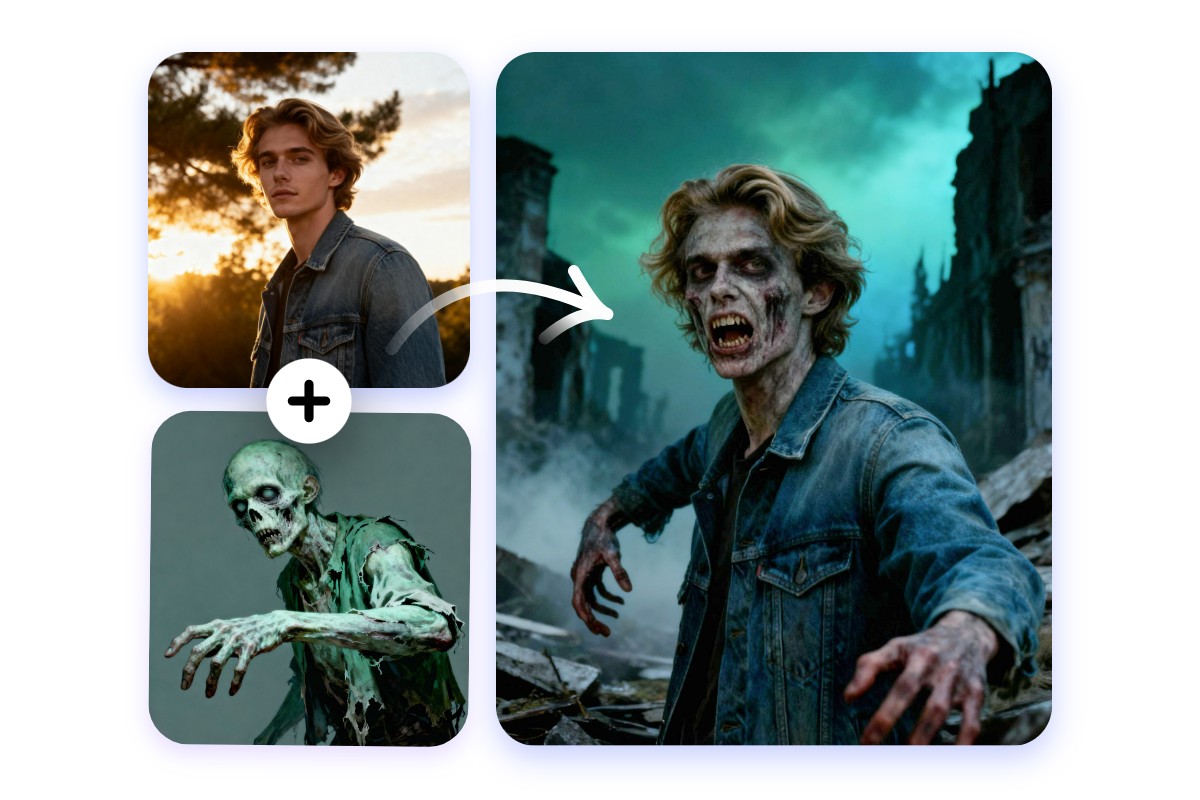 Blend the style of a monster visual with an ordinary photo of a man into a new monster picture