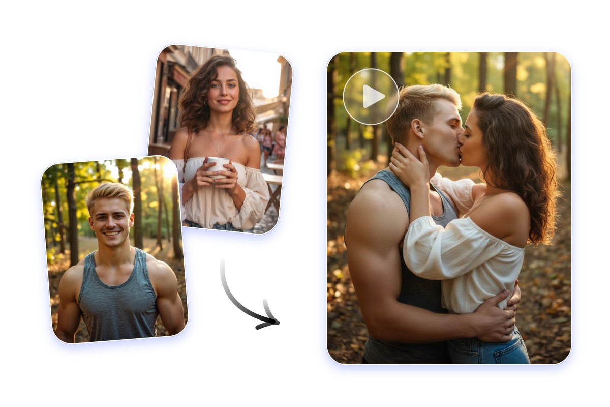 Blend two photos of a boy and a girl into one video featuring them kissing