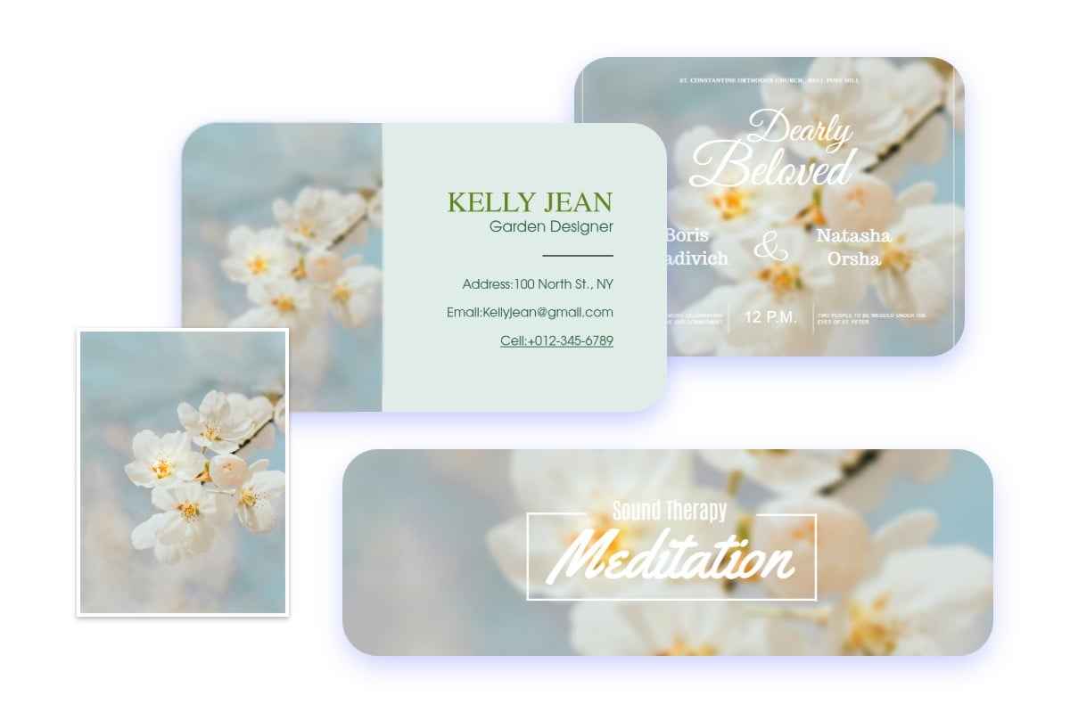 Blur a flower photo and make it a business card banner and invitation