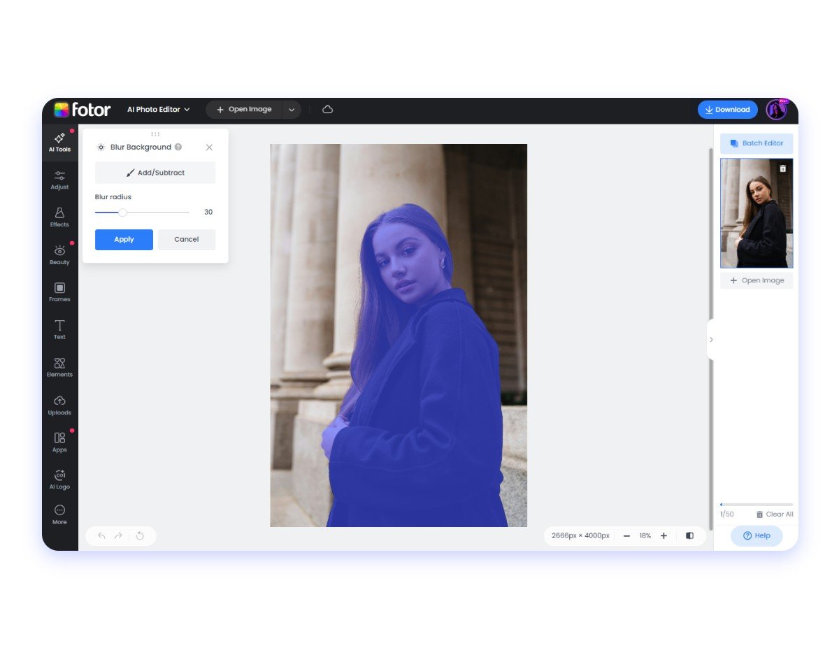 Blur an image of long hair lady automatically in fotor