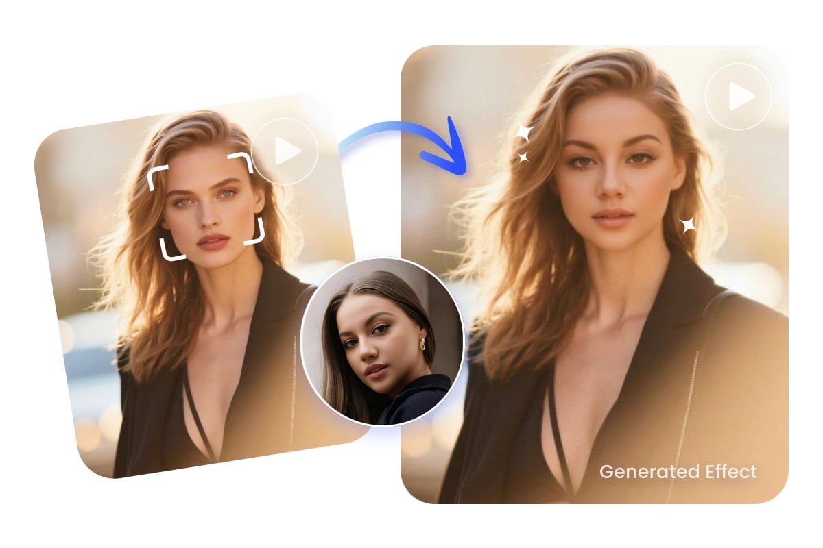 Celebrity video face swap featuring a beauty in black suit