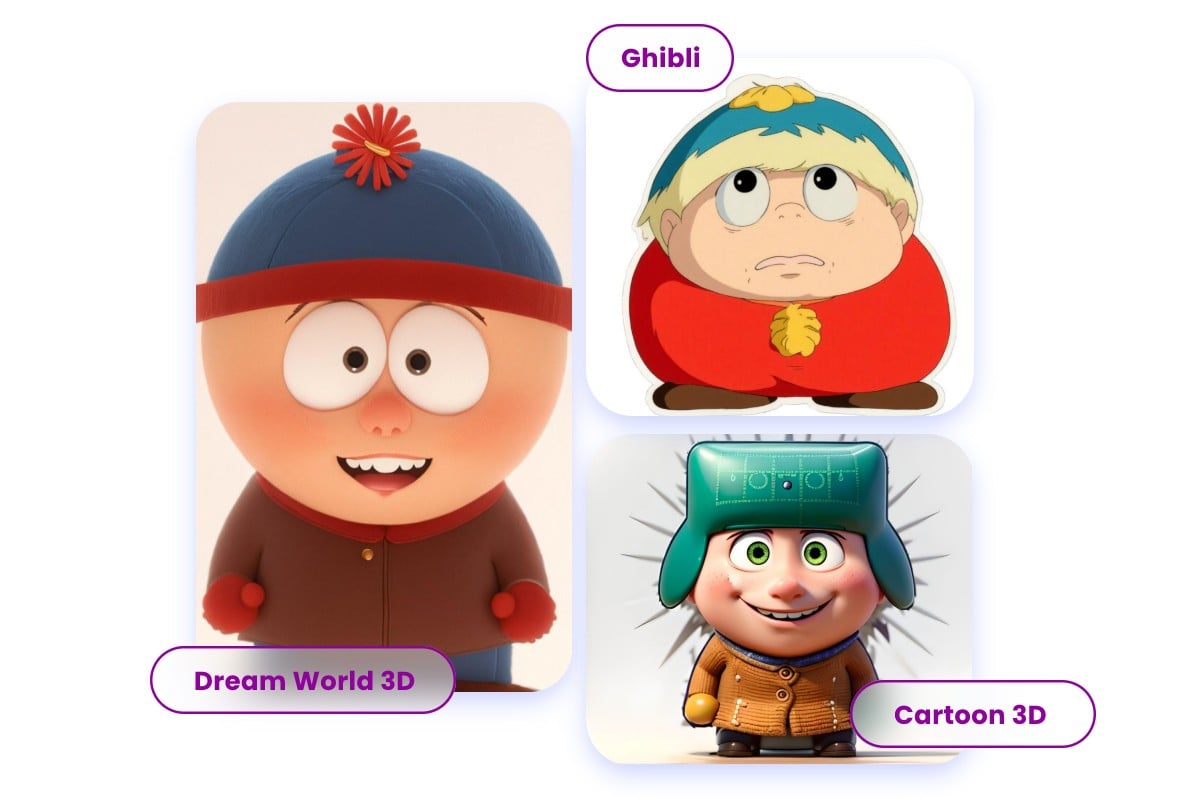 Change South Park characters into different art styles like Ghibli cartoon 3 D and dream world 3 D
