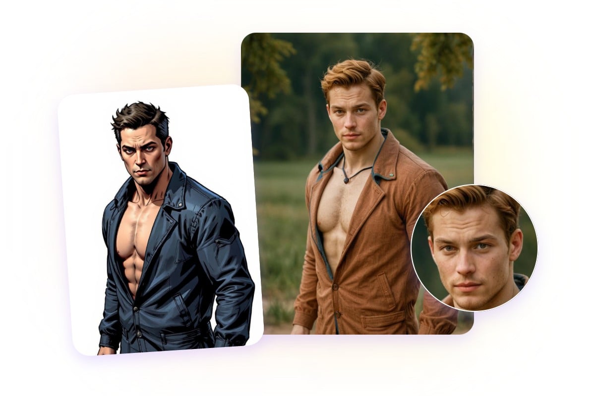 Change a cartoon boy to a real person based on the key features of the uploaded real boy image