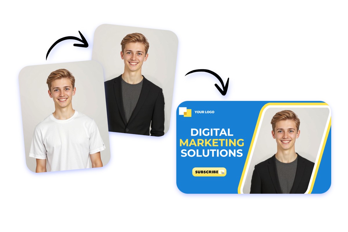 Change a man wearing a white shirt to a suit and create a business card