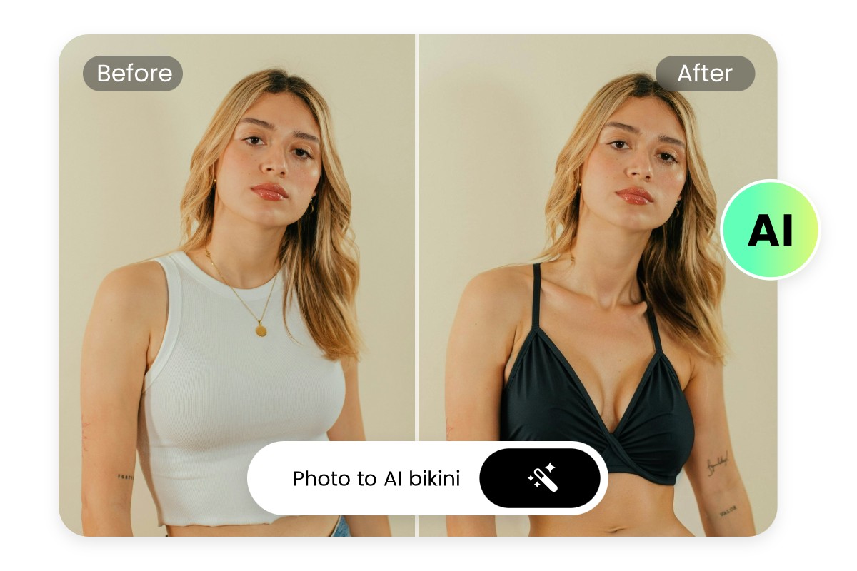 Change a photo of a girl with a white t shirt to an ai bikini girl visual