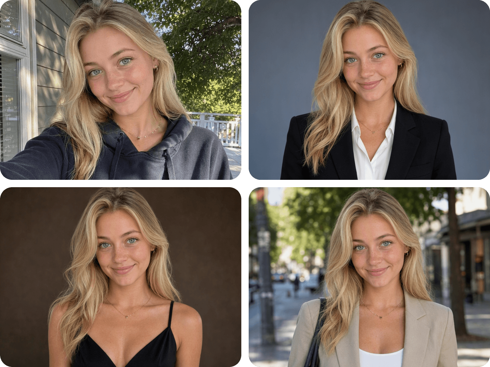 Change a selfie of a girl to several professional headshots