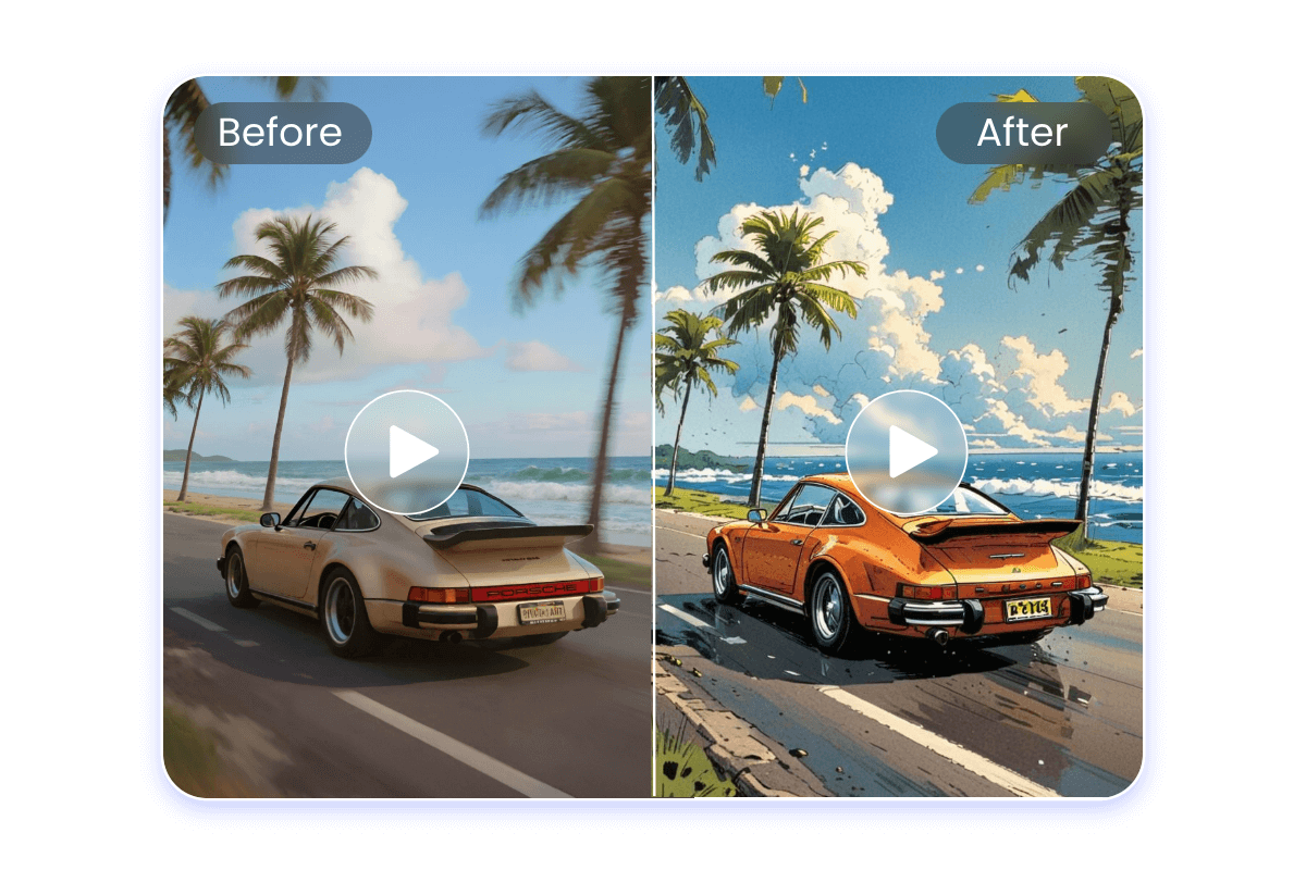 Change a video of a car on a beach highway to a cartoon style video