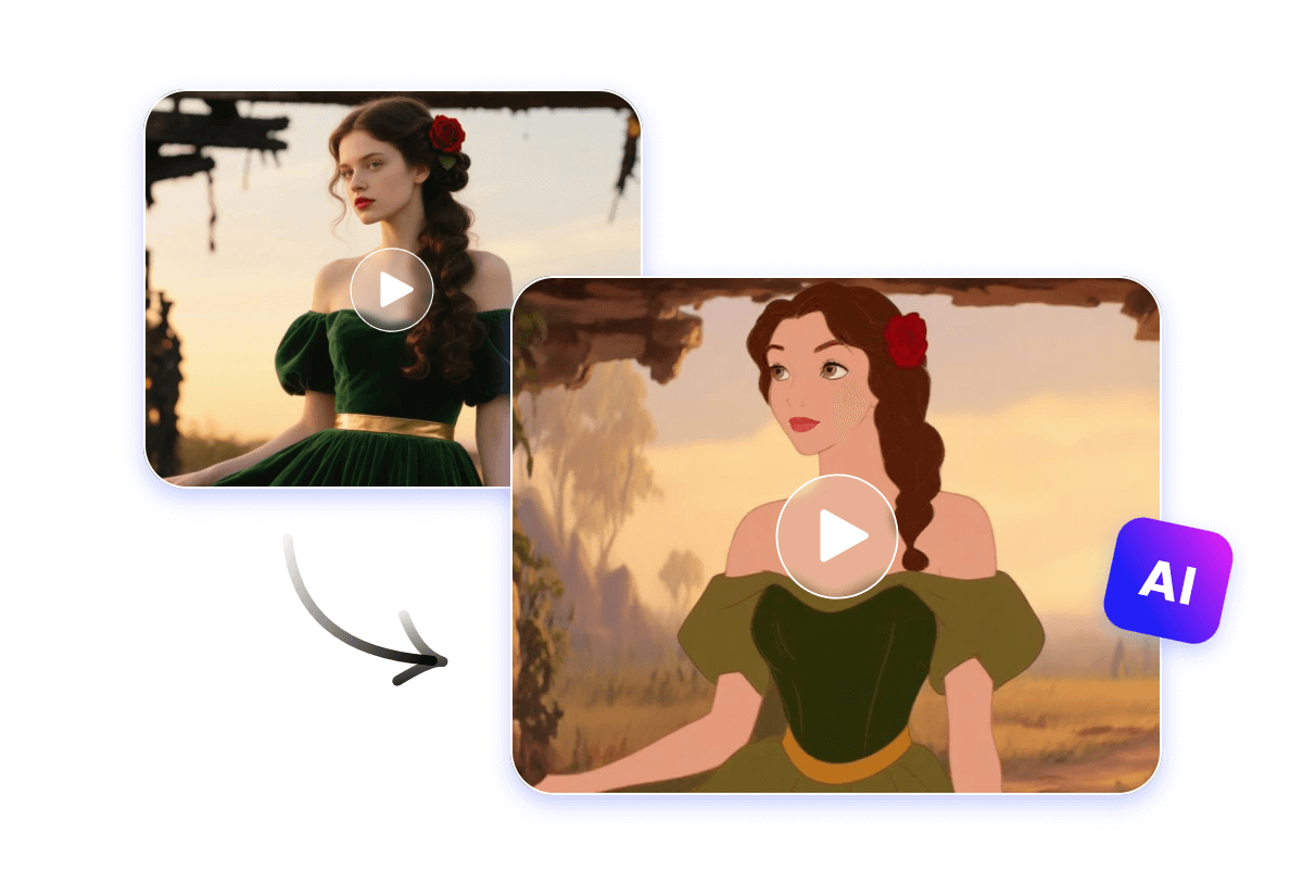 Change a video of a graceful lady in a green dress to a casrtoon style video