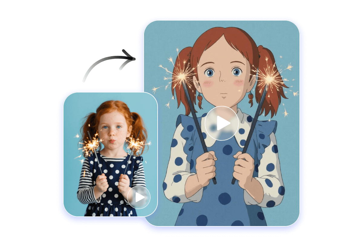 Change a vode of a little girl holding firework sticks to a anime style video