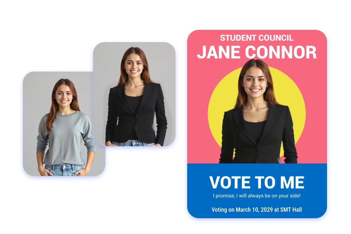 Change a woman wearing a gray shirt to a suit and use it for suit advertisement