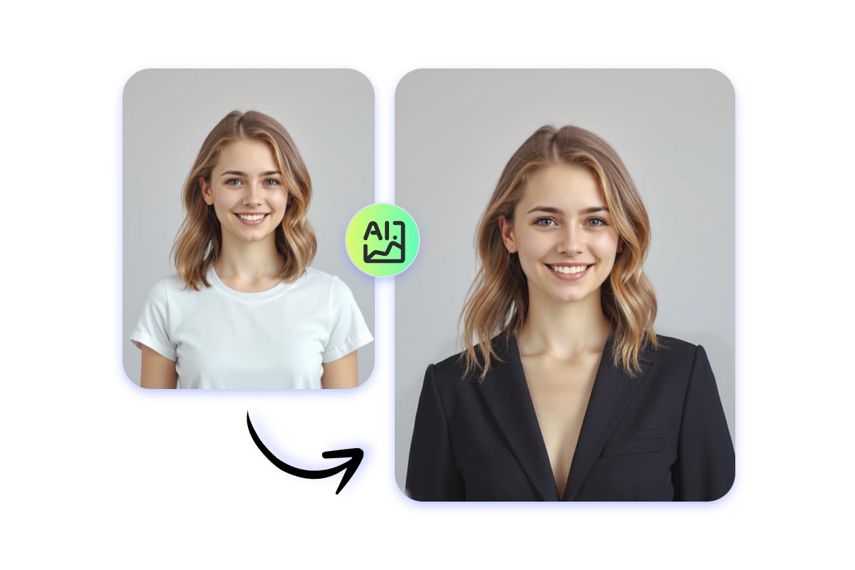 Change a woman wearing a white shirt to a suit and create a profile picture
