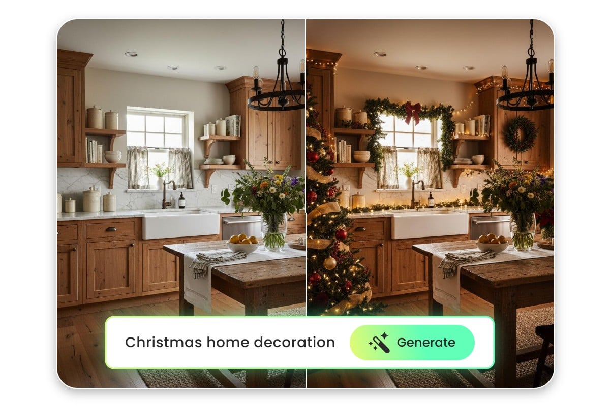 普通の家の写真をクリスマスインスパイアされた装飾を特徴とする新しい写真に変更