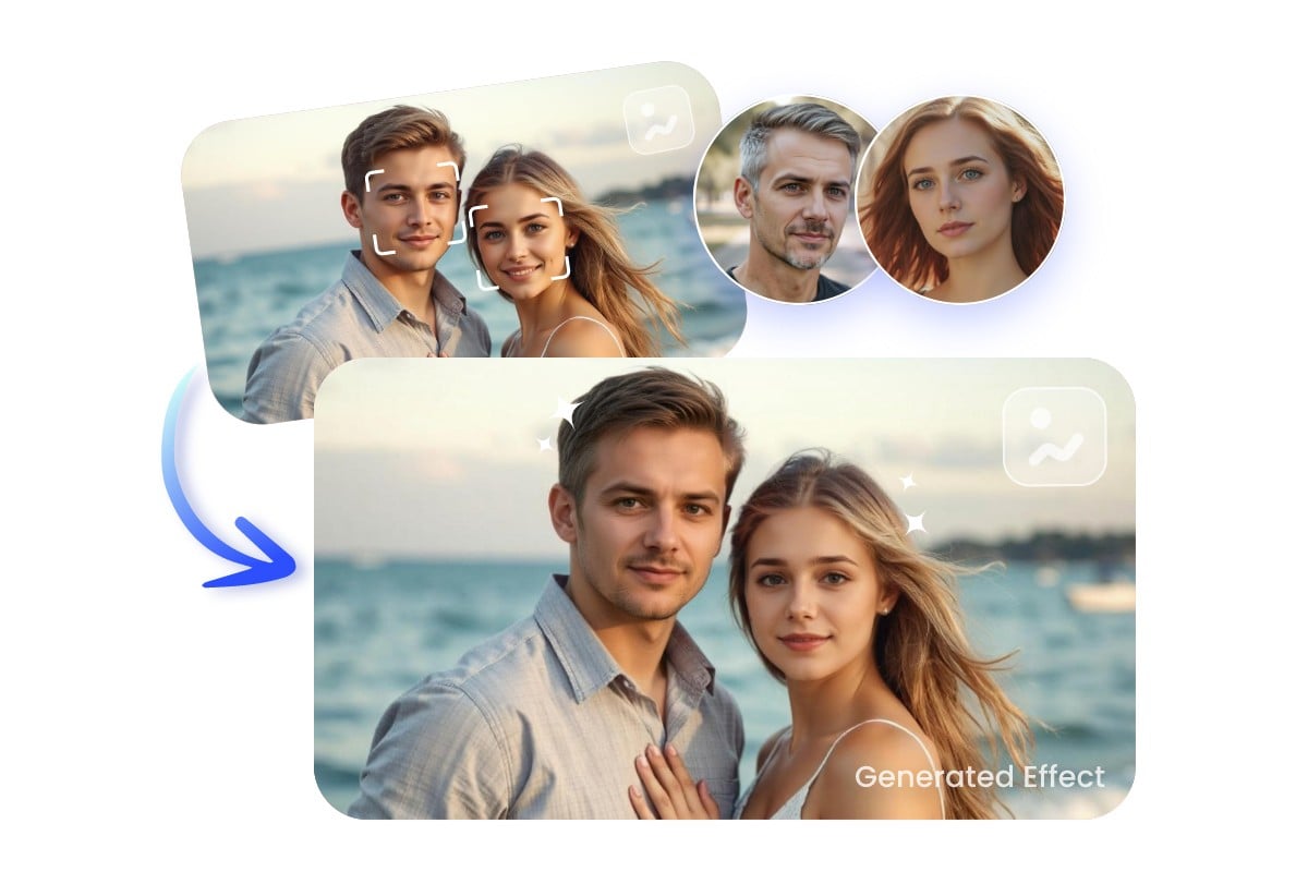 Change face for multiple people in a photo featuring a man and a woman