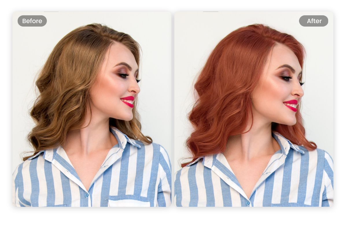 Skift kvindelig frisure til de lange tekstturede lag Haircut og skift hårfarve til orange farve i Fotor