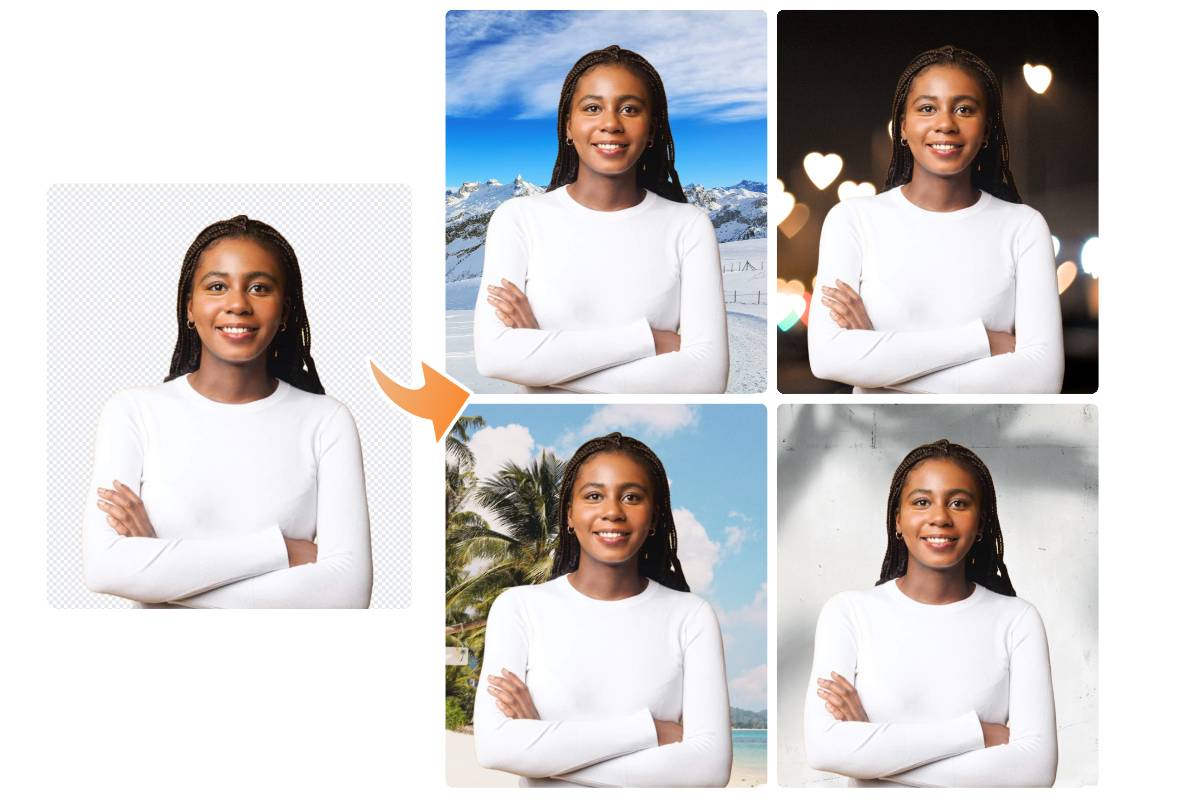 肖像画の白背景を様々な背景に変える