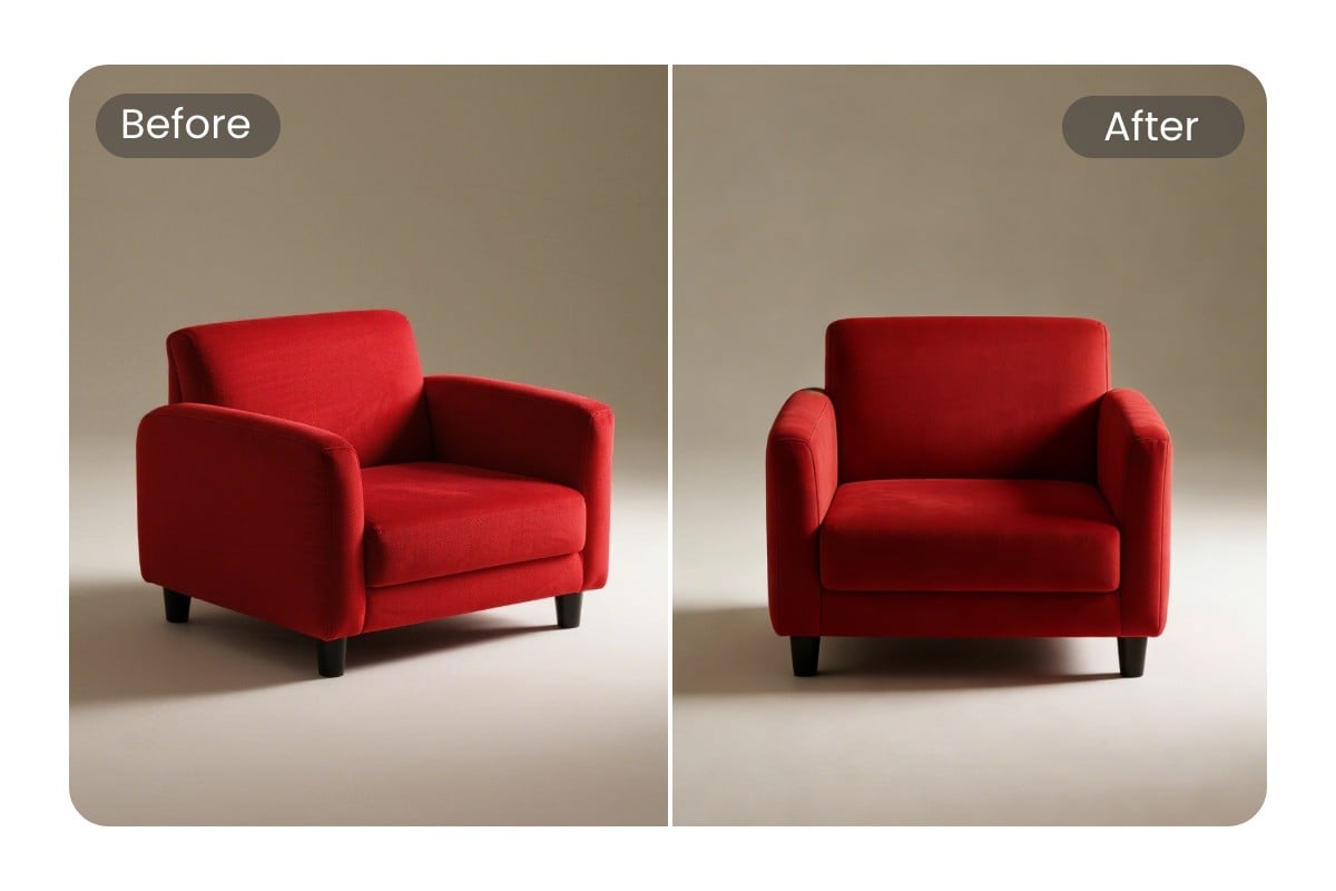 Change the angle of a red sofa photo from side to front