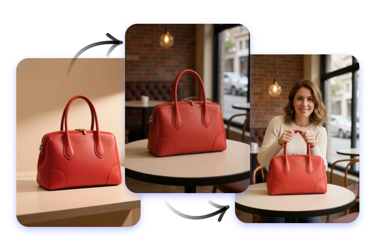 Changer le fond d'une image d'un sac rouge et générer une mannequin IA
