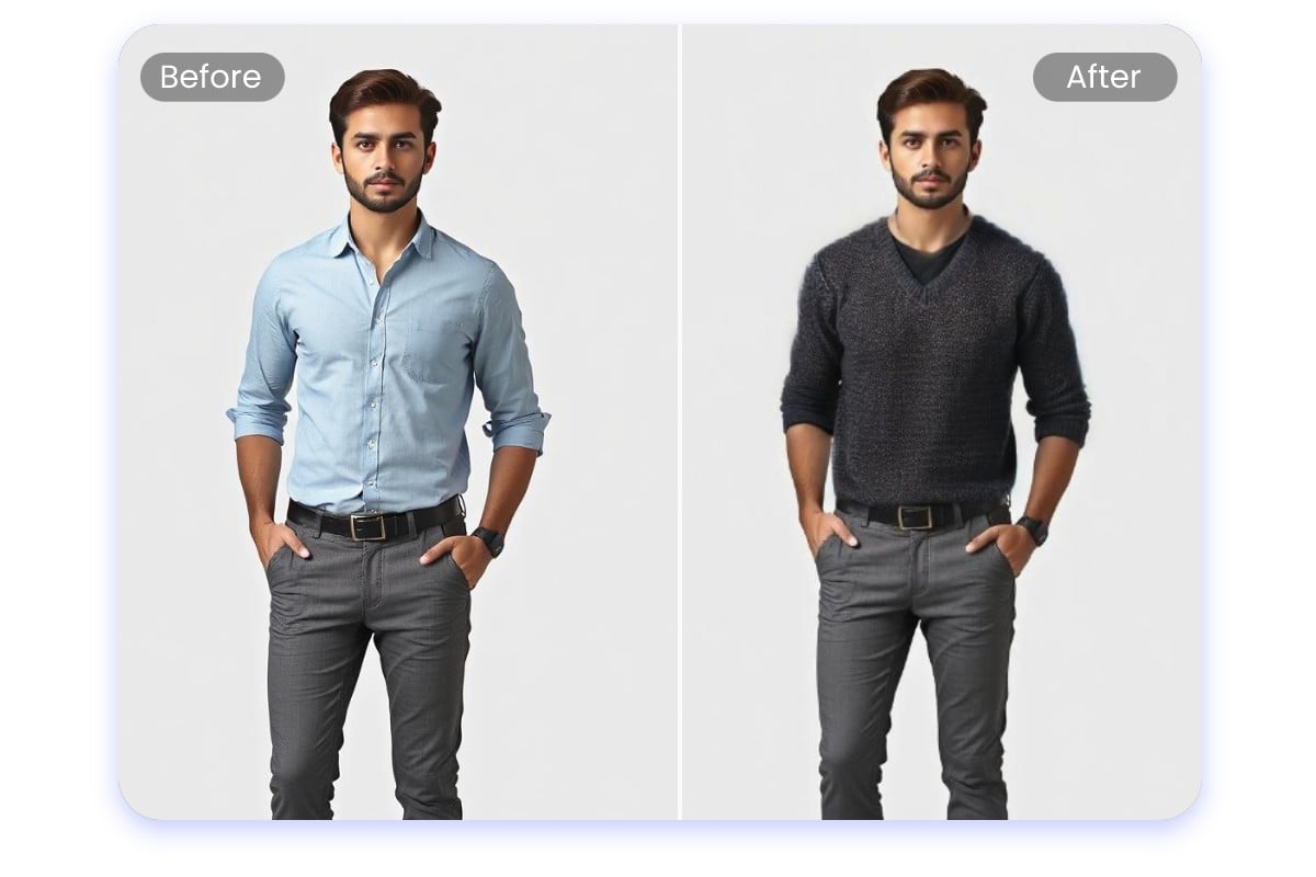 Change the blue shirt of a man to a black one