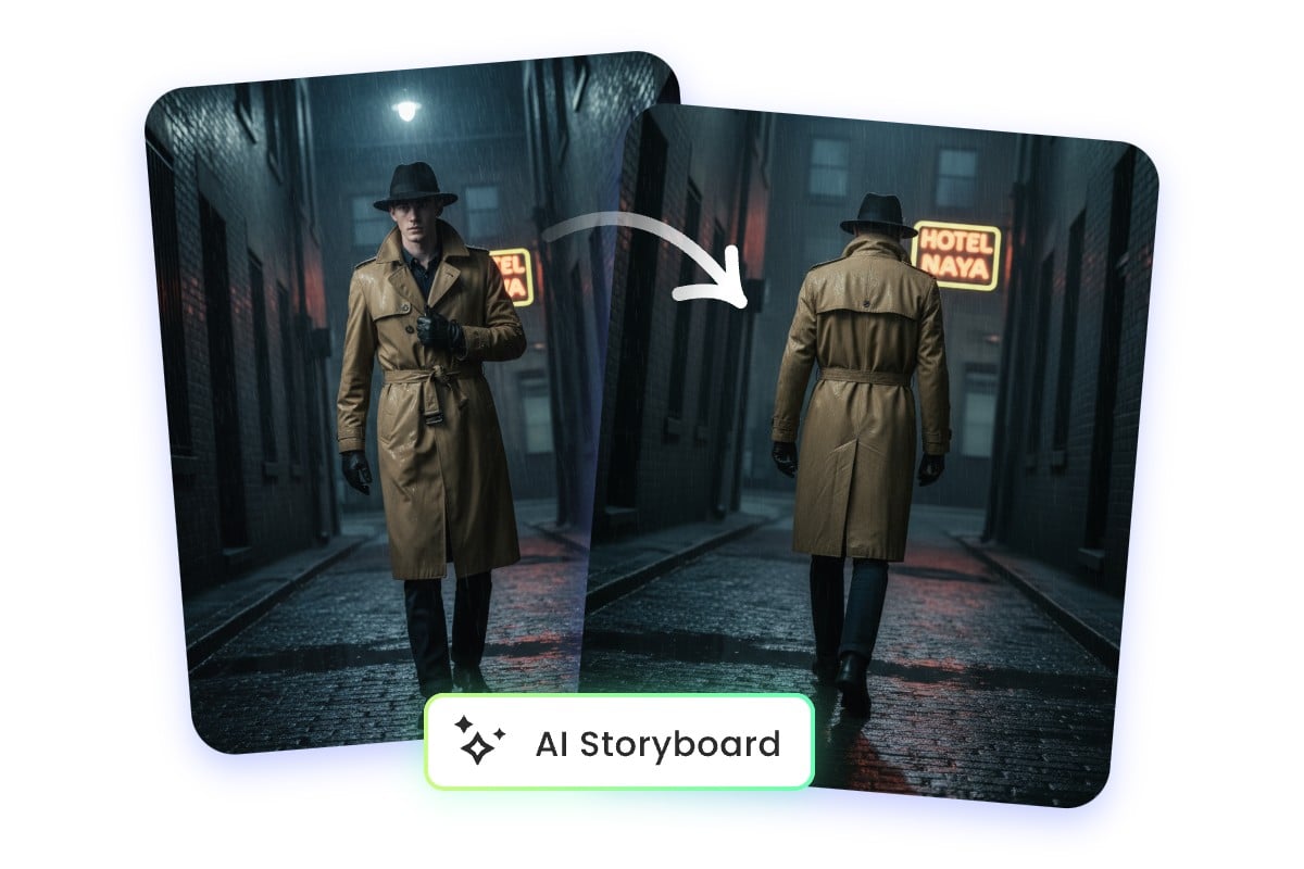 Change the camera angle from front to back view of a picture of an detective with fotor ai storyboard generator