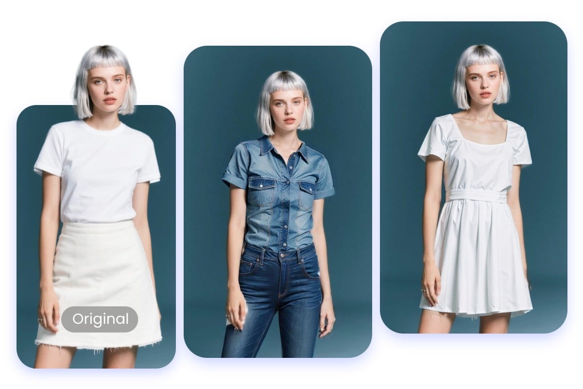 Change the clothes of a lady with light gold hair to two different outfits