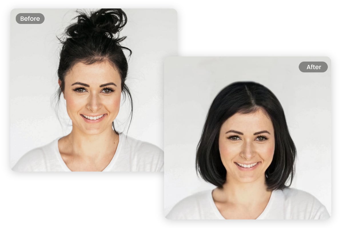 Wechseln Sie die weibliche Frisur in die stumpfen Bob -Haarschnitte in Fotorfrisurwechsler online