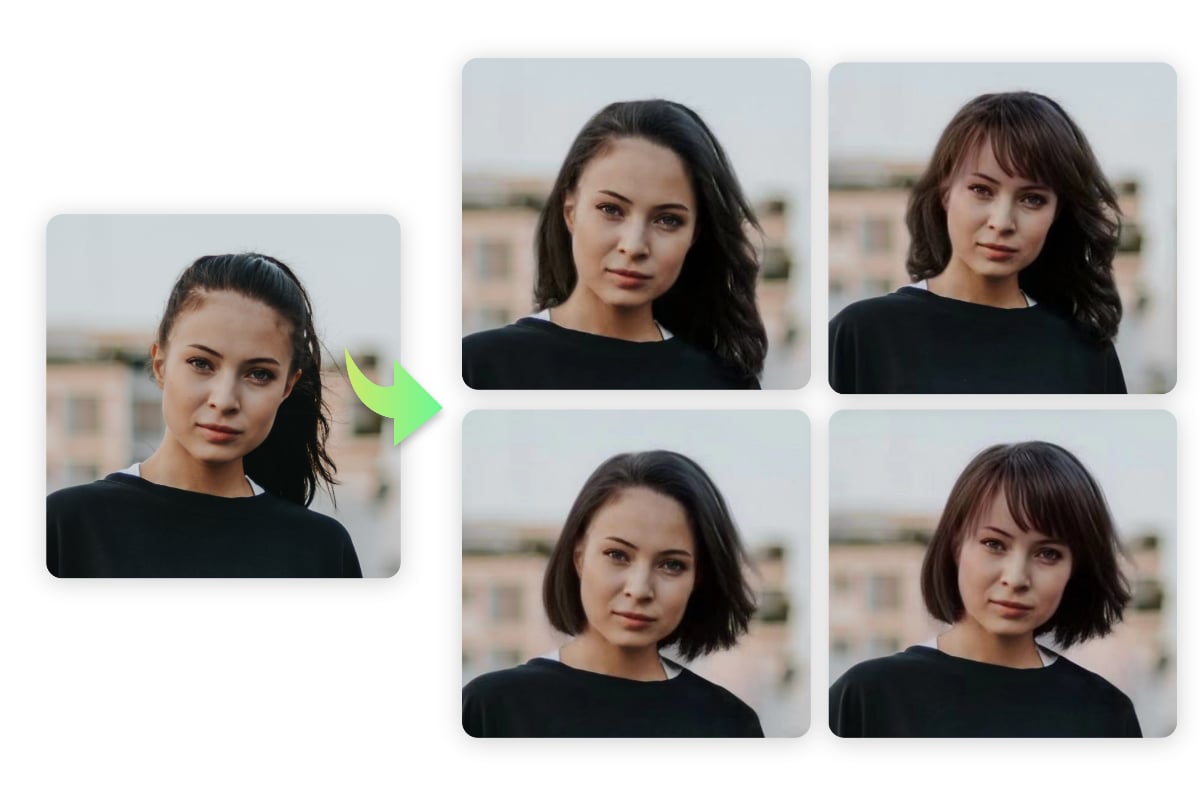 Wechseln Sie die Frauenponytail -Frisur in die anderen vier stilvollen Frisuren in Fotor Online Frisur Changer