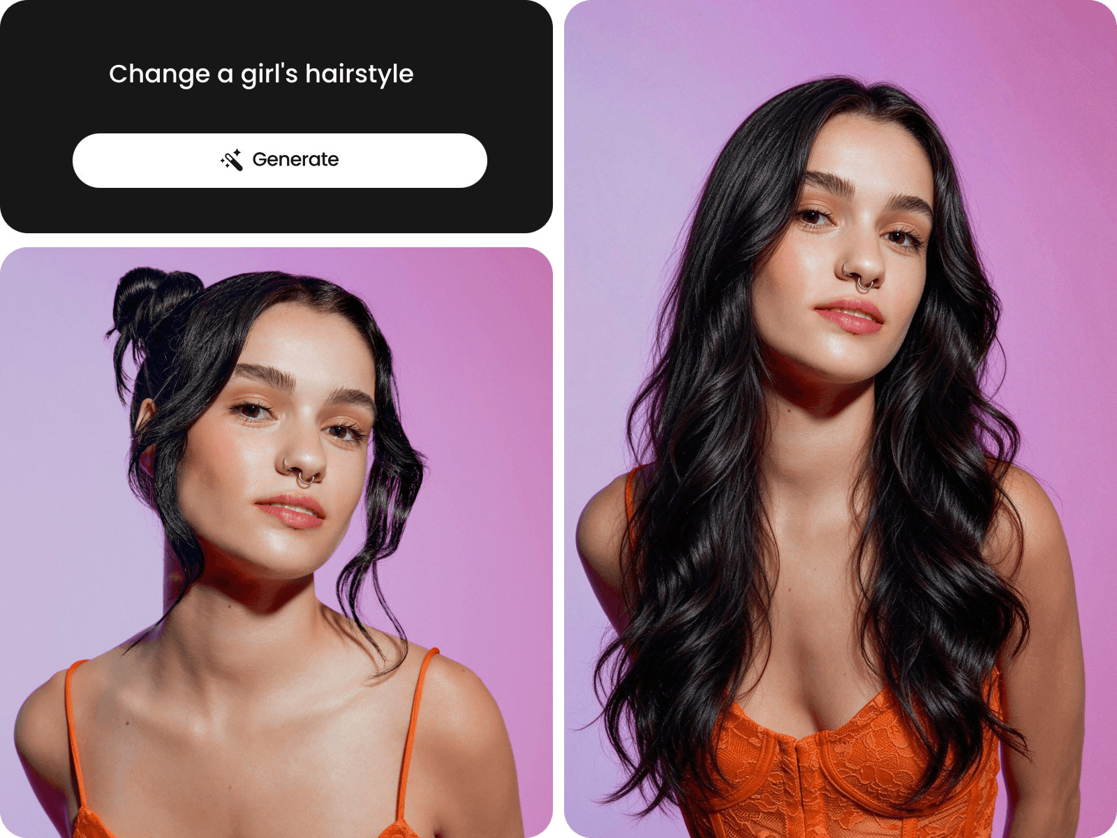 Change the hairstyle of a girl with a short bang to long hair with text