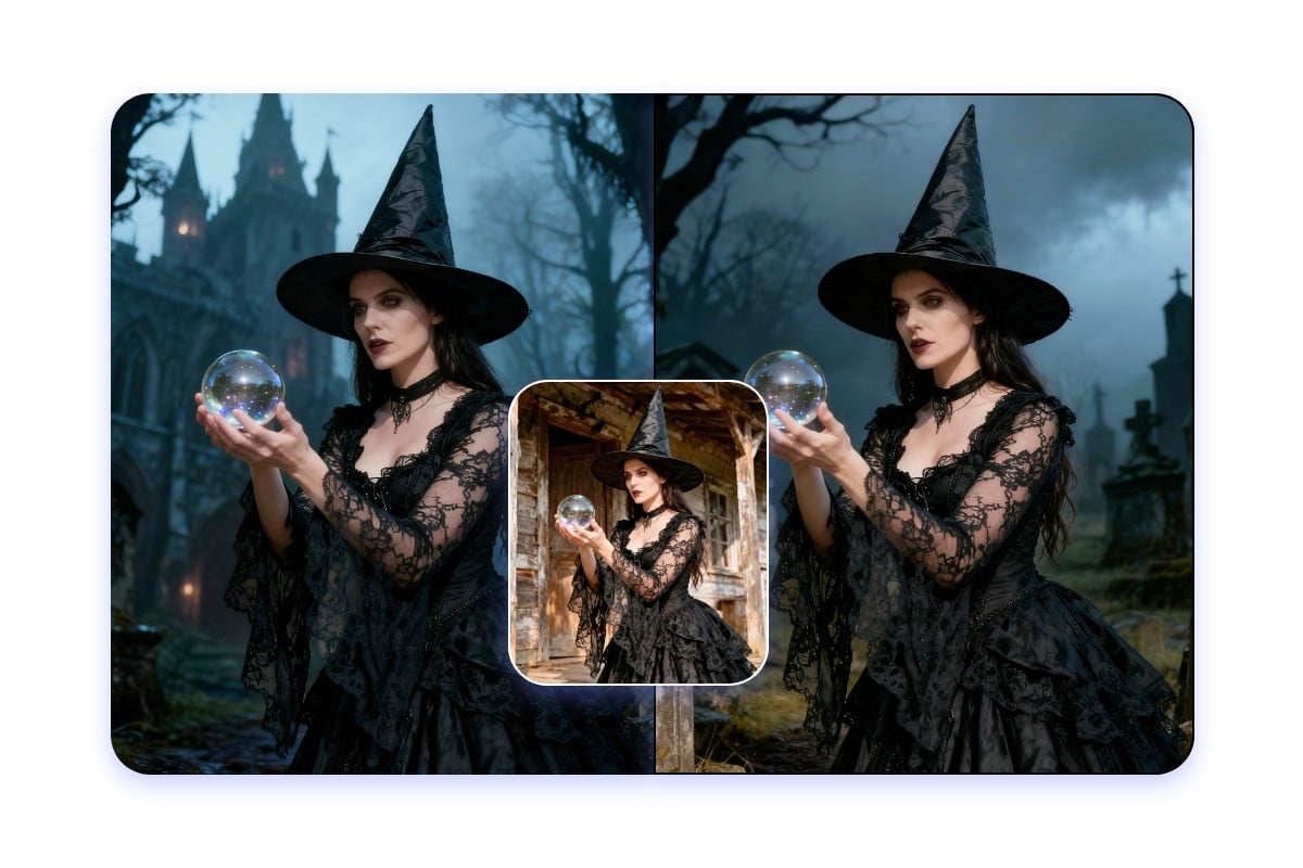 Changer le fond original d'une photo de sorcière pour deux scènes mystiques différentes