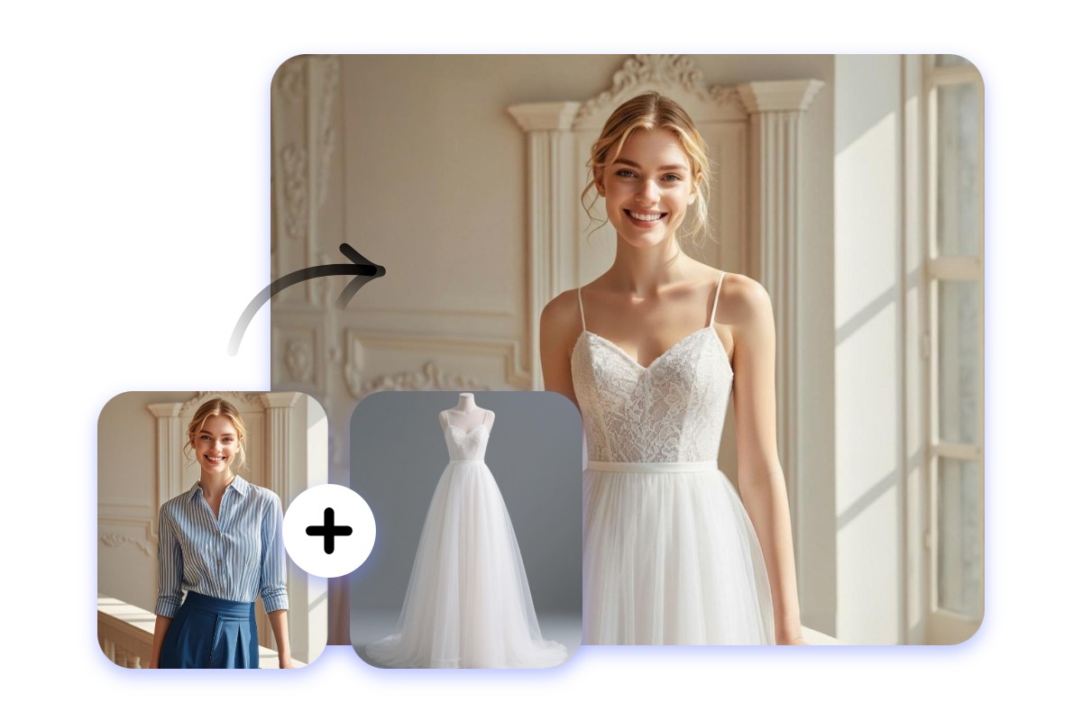 Change the original clothes of a girl to a white dress uploaded by a user in photo