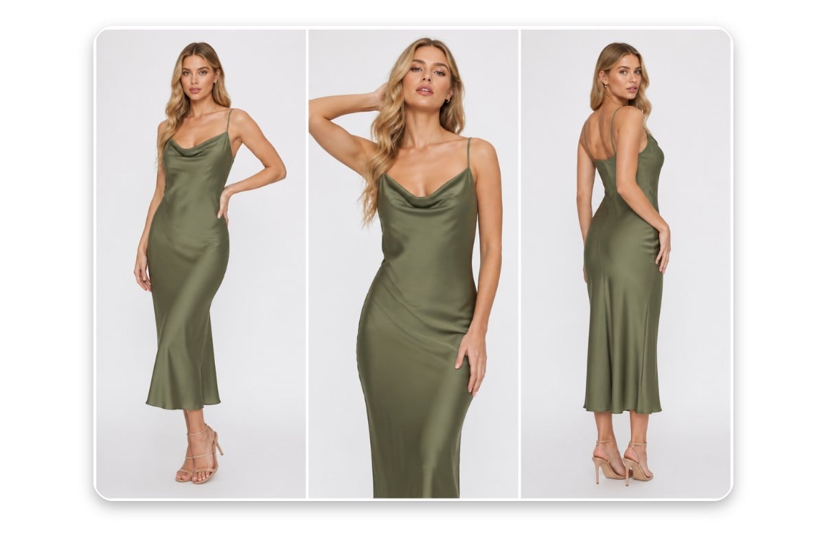 Change the pose and camara angle of a female model photo