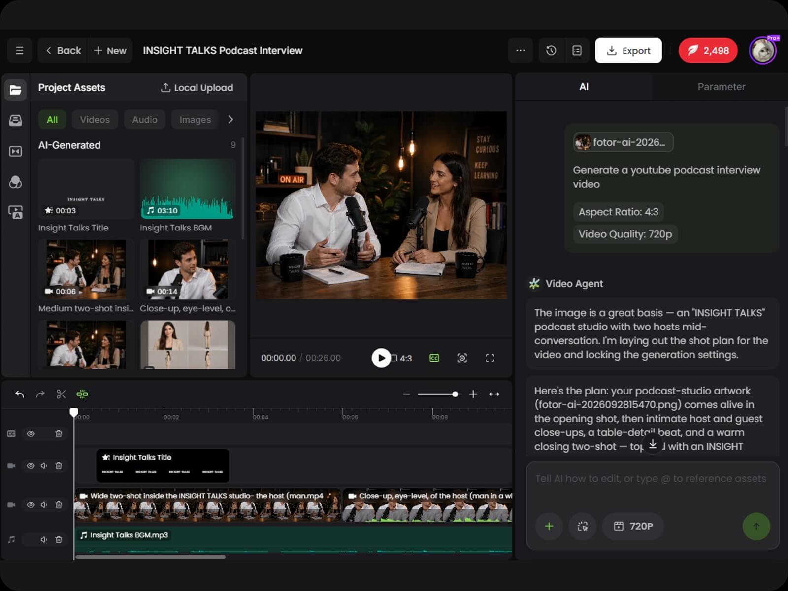Chat with agent in fotor youtube automation tool to create a youtube interview video with a man and woman