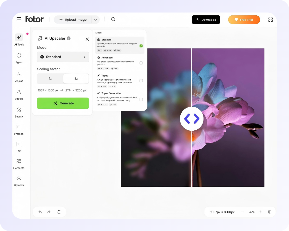 Choose an upscaling model and convert a blurry flower photo to hd