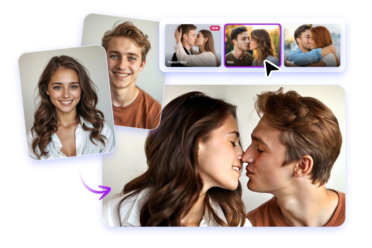 Choose fotor ai kiss video mode and turn two photos into an ai kissing video