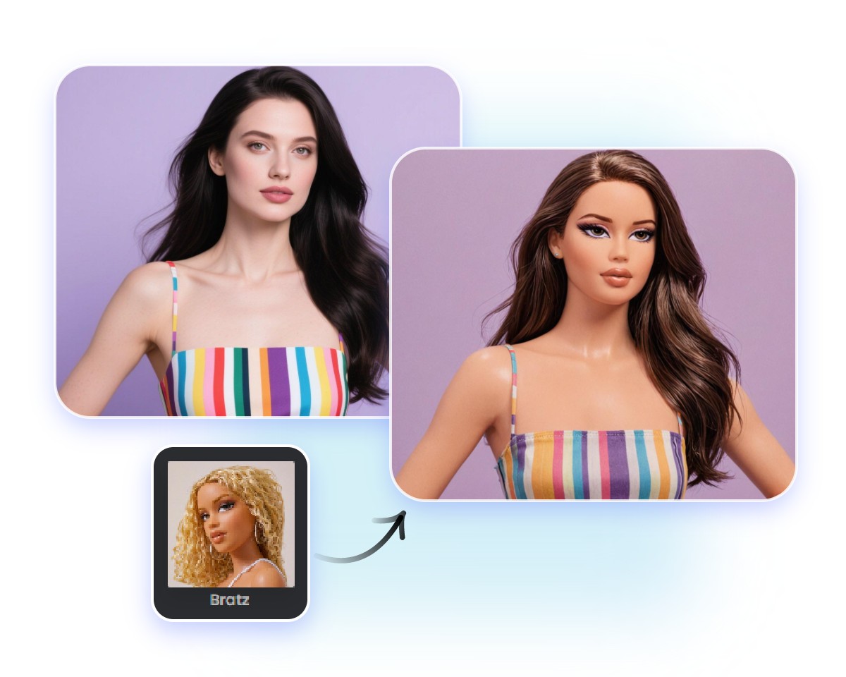 Choose fotor bratz filter and turn a photo of a lady into a bratz character