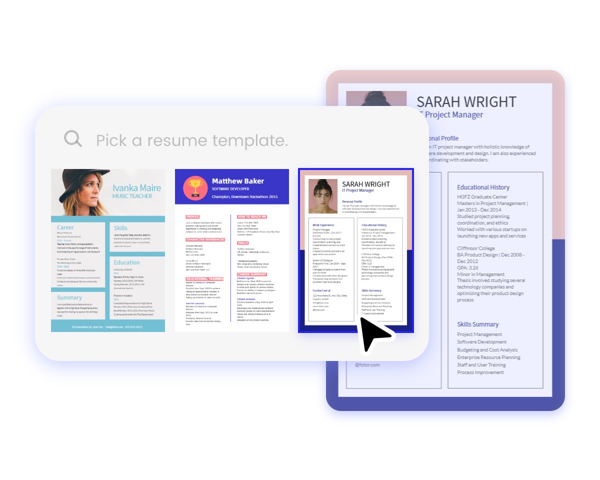 Choose from a library of professionally designed resume templates on Fotor resume builder