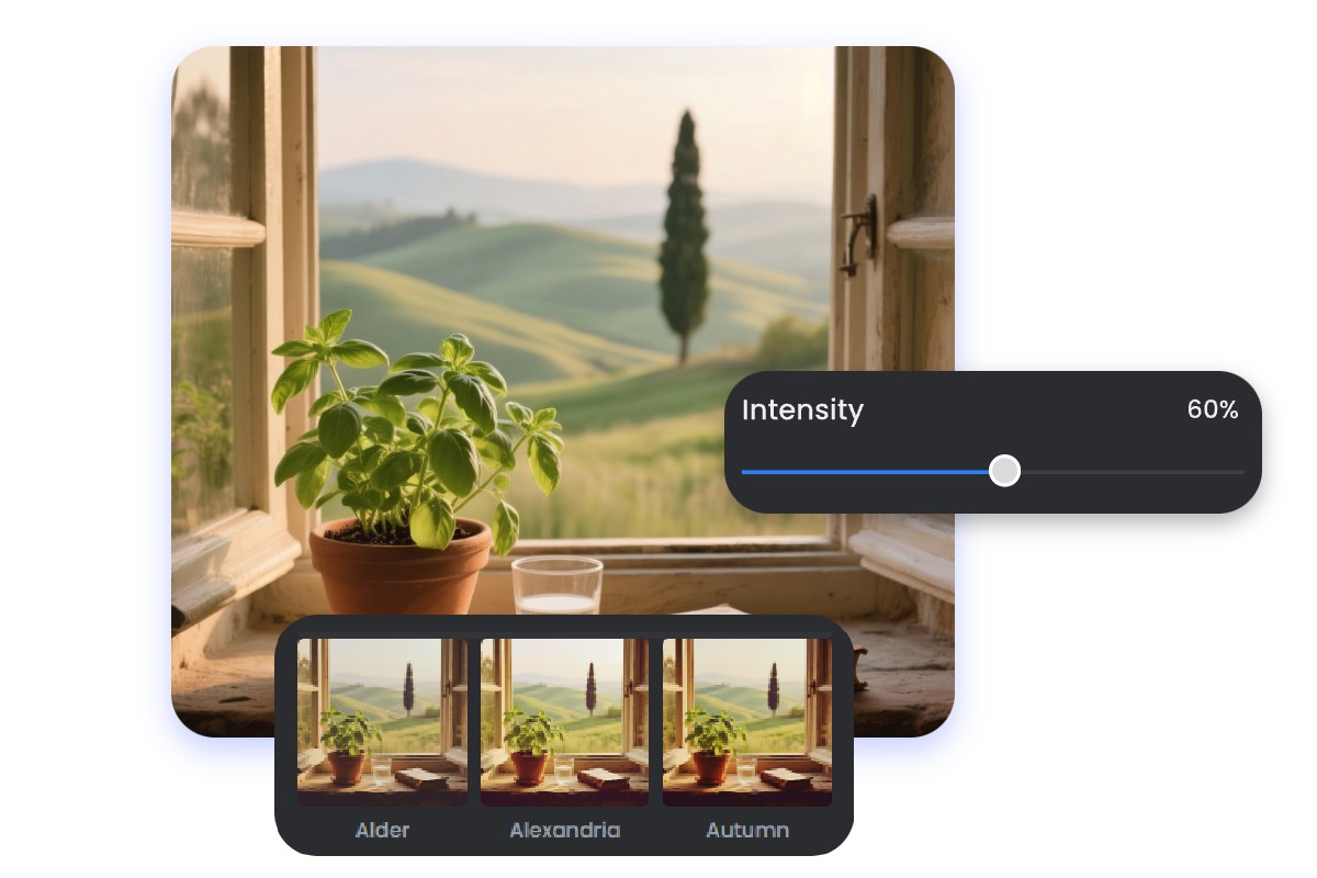 ヴィンテージフィルターと輝度コントロールで写真をカスタマイズ