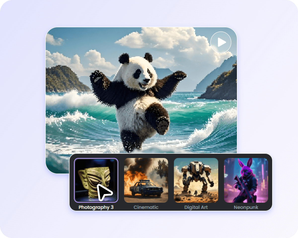 Choose from our ai video styles and generate an ai video featuring a kunfu panda