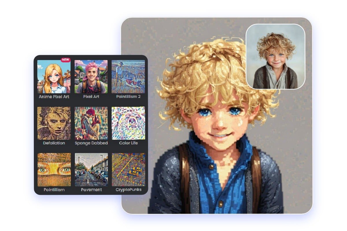 Choose from various pixel art styles to process your photo